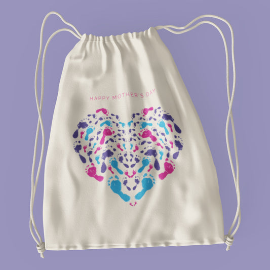 Happy Mother's Day Footprints Heart Drawstring Bag